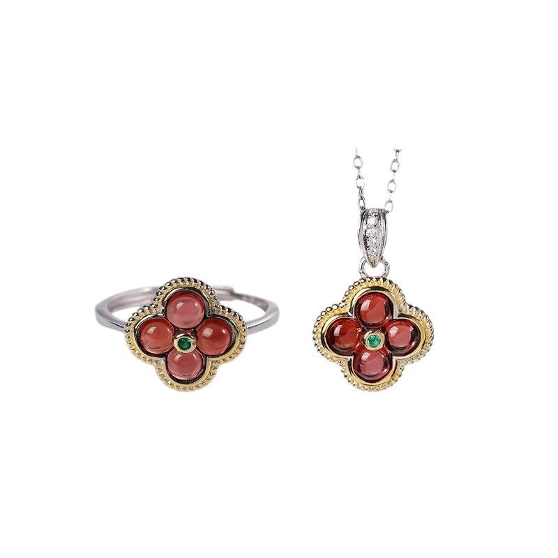 925 Sterling Silver Jewelry Natural Jade Crystal Plants Flower Jewelry Set Necklace Rings for Women Wedding Party Friend Gift