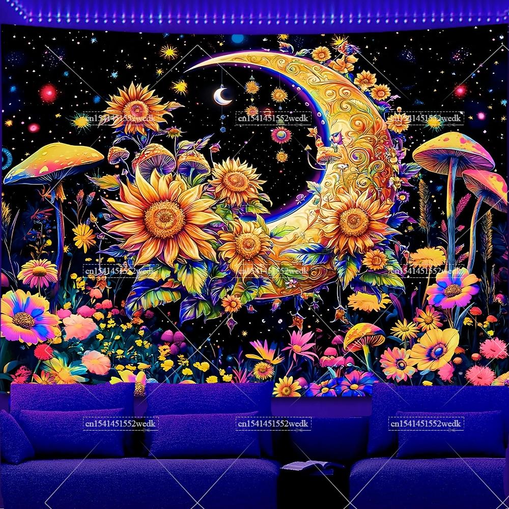 Skeleton Eye Blacklight Mushroom Tapestry UV Reactive Sun And Moon Neon Tapestrys Glow In The Dark Aesthetic Room Decor Posters