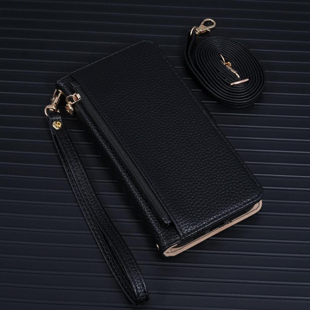 iPhone 17 Pro Max Reißverschluss Crossbody Handyhülle mit Lanyard & Spiegel Klapphülle