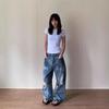 JYL Mens Jeans Vintage Ripped Distressed Loose Straight Floor-length Denim