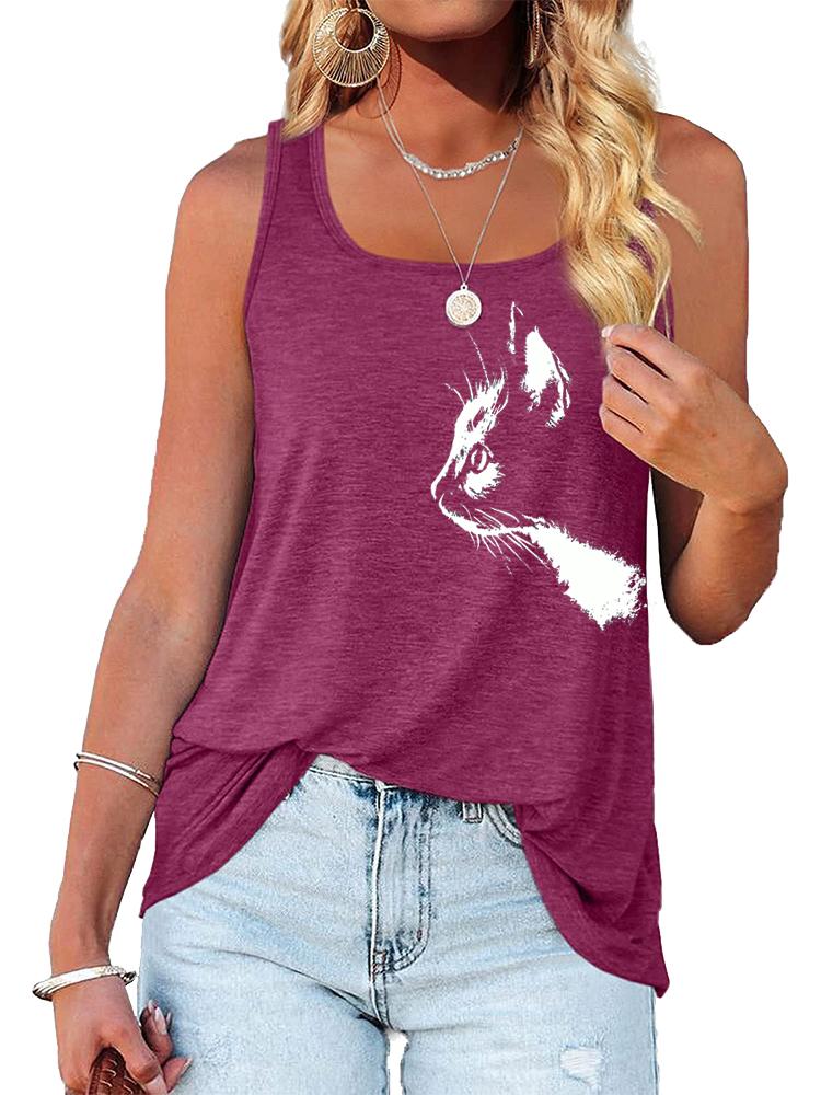 Women Fashion O Neck Print Tank Top Summer Casual Sleeveless T-shirt