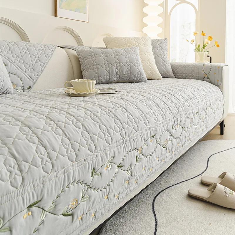Cotton Washed Embroidered Sofa Pad Non-Slip All-Purpose For Four Seasons Seater Cover Pure Color Gentle On Skin Couch Protector