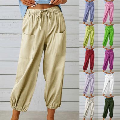Women's Fashionable Color Cotton Linen Elastic Waist Decorative Casual Pants With Pockets