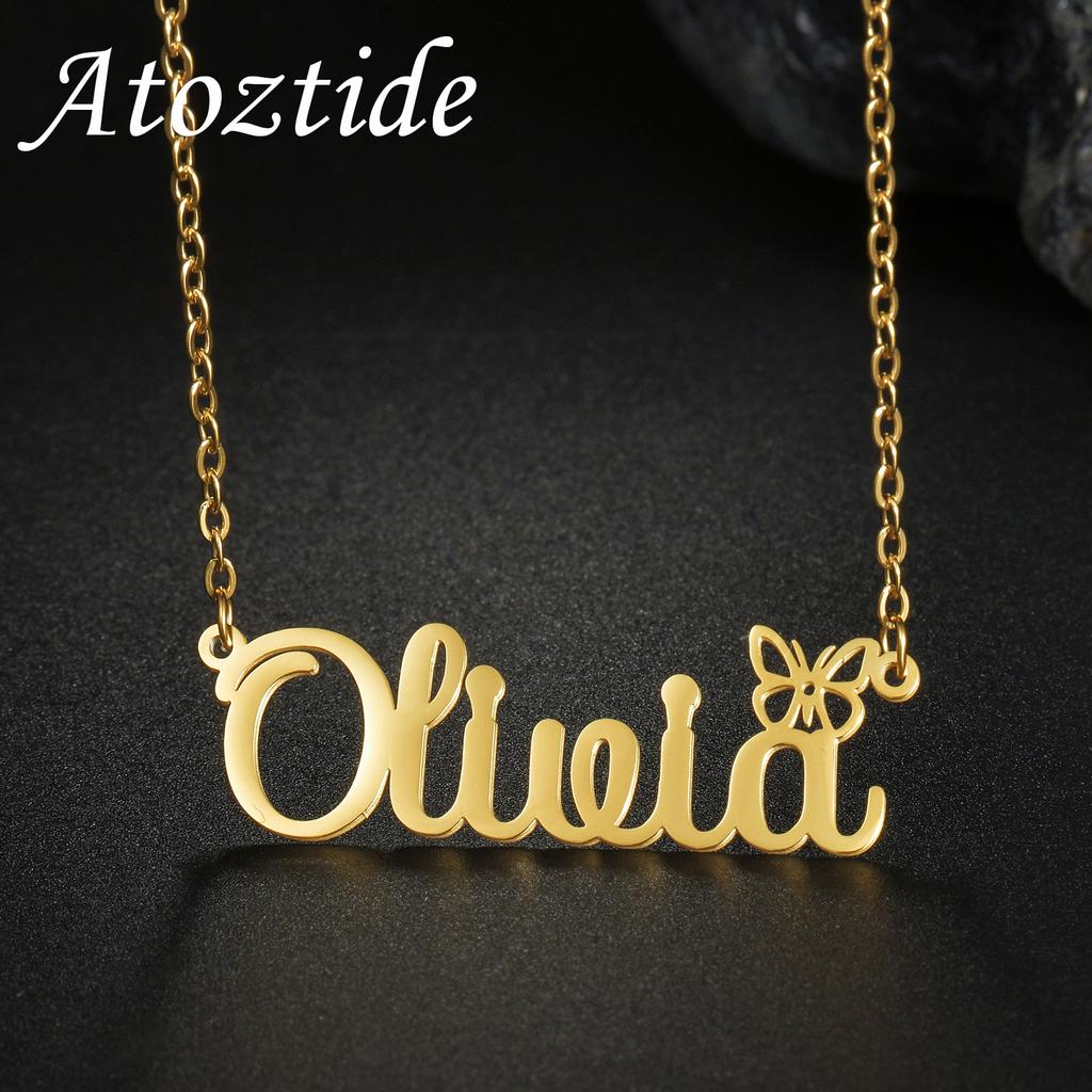 Atoztide Personalized Custom Name Necklaces Butterfly Crown Pendant for Women Stainless Steel Link Chain Birthday Jewelry Gift