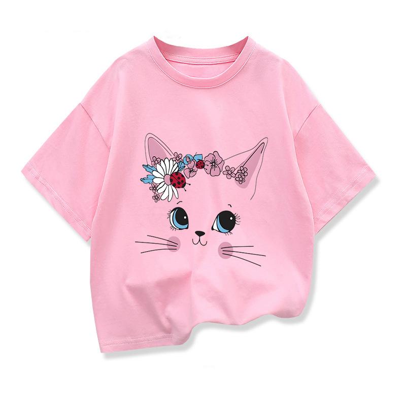 Smile Cartoon Cat Graphic Kids Clothing Tees T Shirt 2025 Girls Loose Short Sleeve T-shirt Kids Birthday Tee Children Clothes