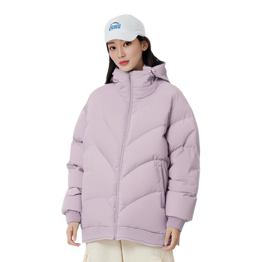 Li Ning Fitness Series Solid Color Water Resistant Anti Static Loose Fit Hooded Down Jacket Women Outerwear Silk-Purple AYMT094-2