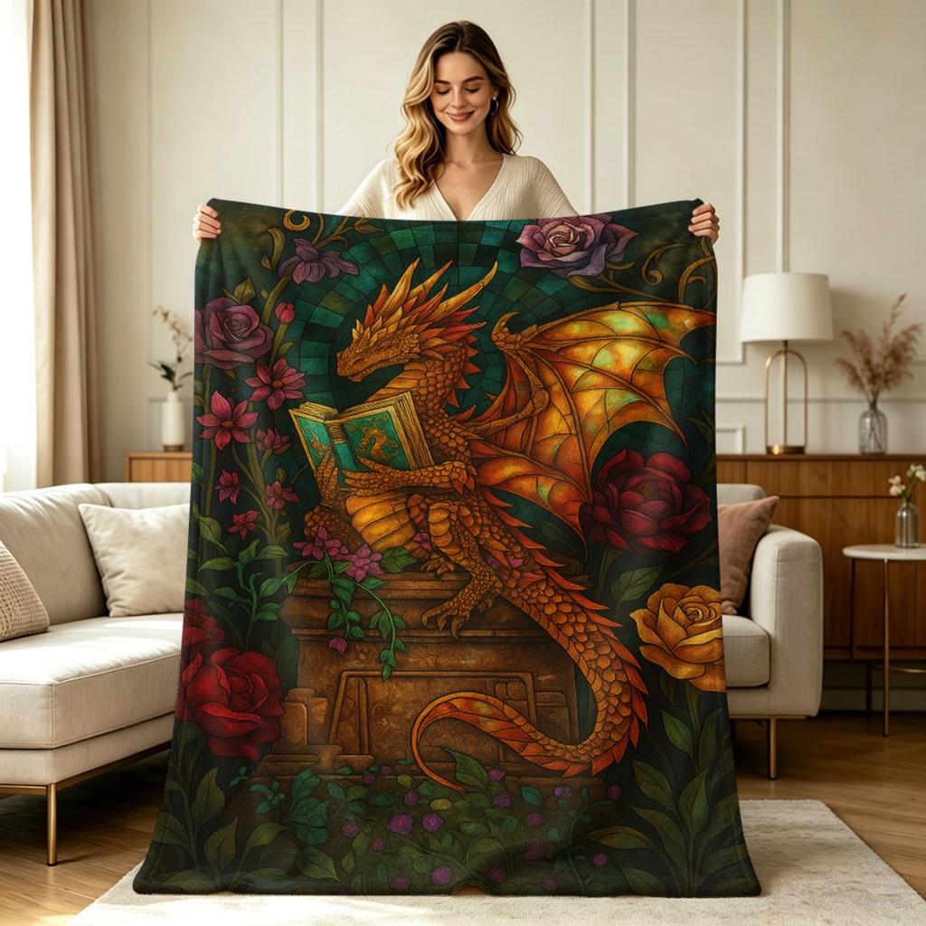 All Season Floral Dragon Reading Print Flannel Blanket Soft Warm Cozy Throw Blanket for Sofa Couch Living Room Bedroom Office Home Decor