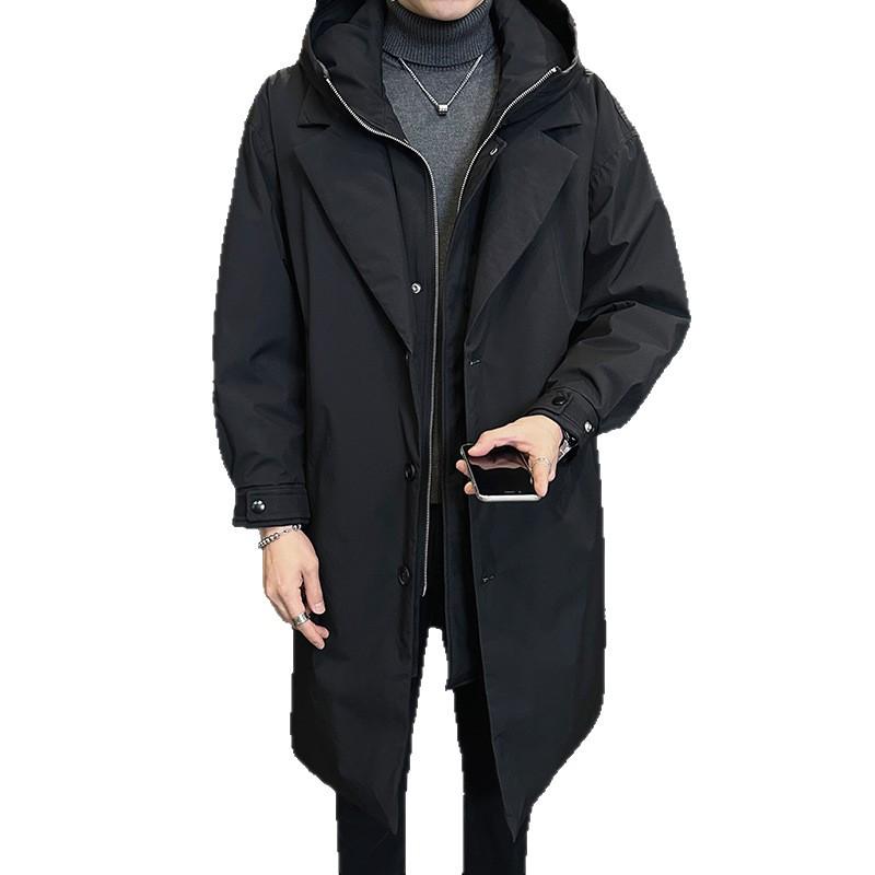 Men's Winter Hooded Mid-Length Down Jacket, Faux Two-Piece Windbreaker, Trendy Thickened Plus-Size Coat