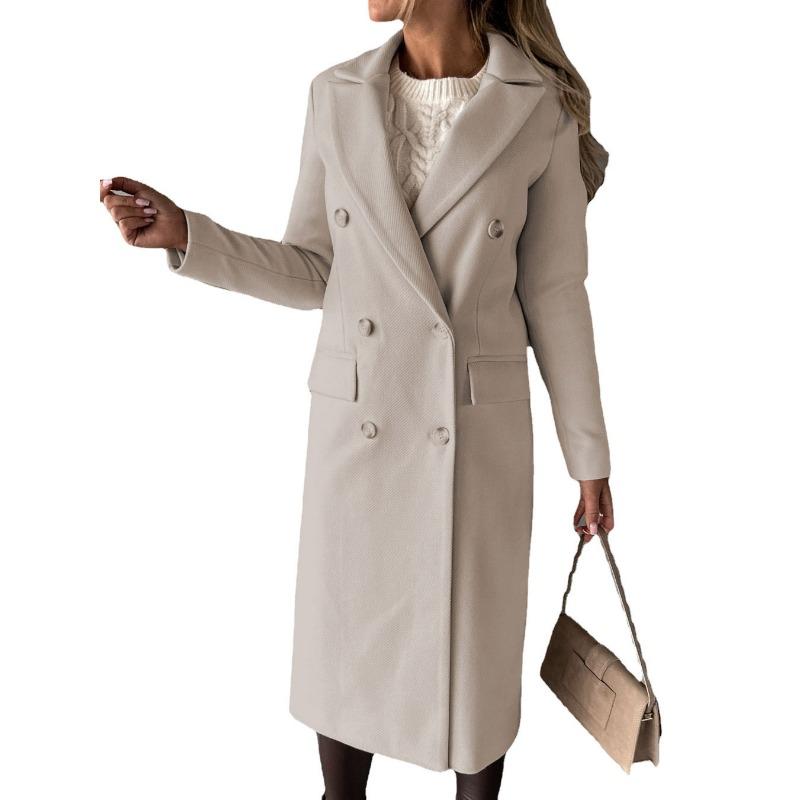 QICED Women's Coat Versatile Tweed Coat Solid Colour Long Sleeve Double Breasted Plug Pockets
