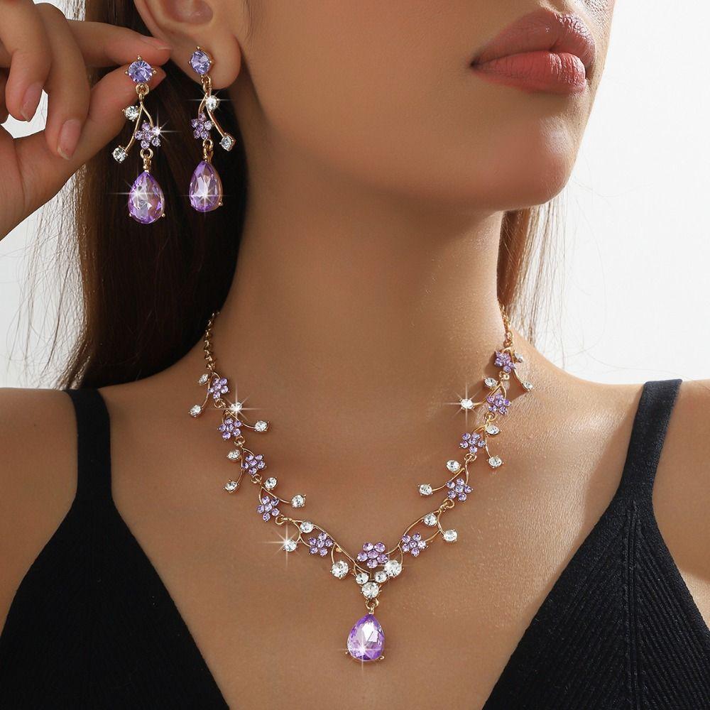 Rhinestone Exquisite Jewelry Sets Golden Choker Necklace Earring Set  Wedding Engagement