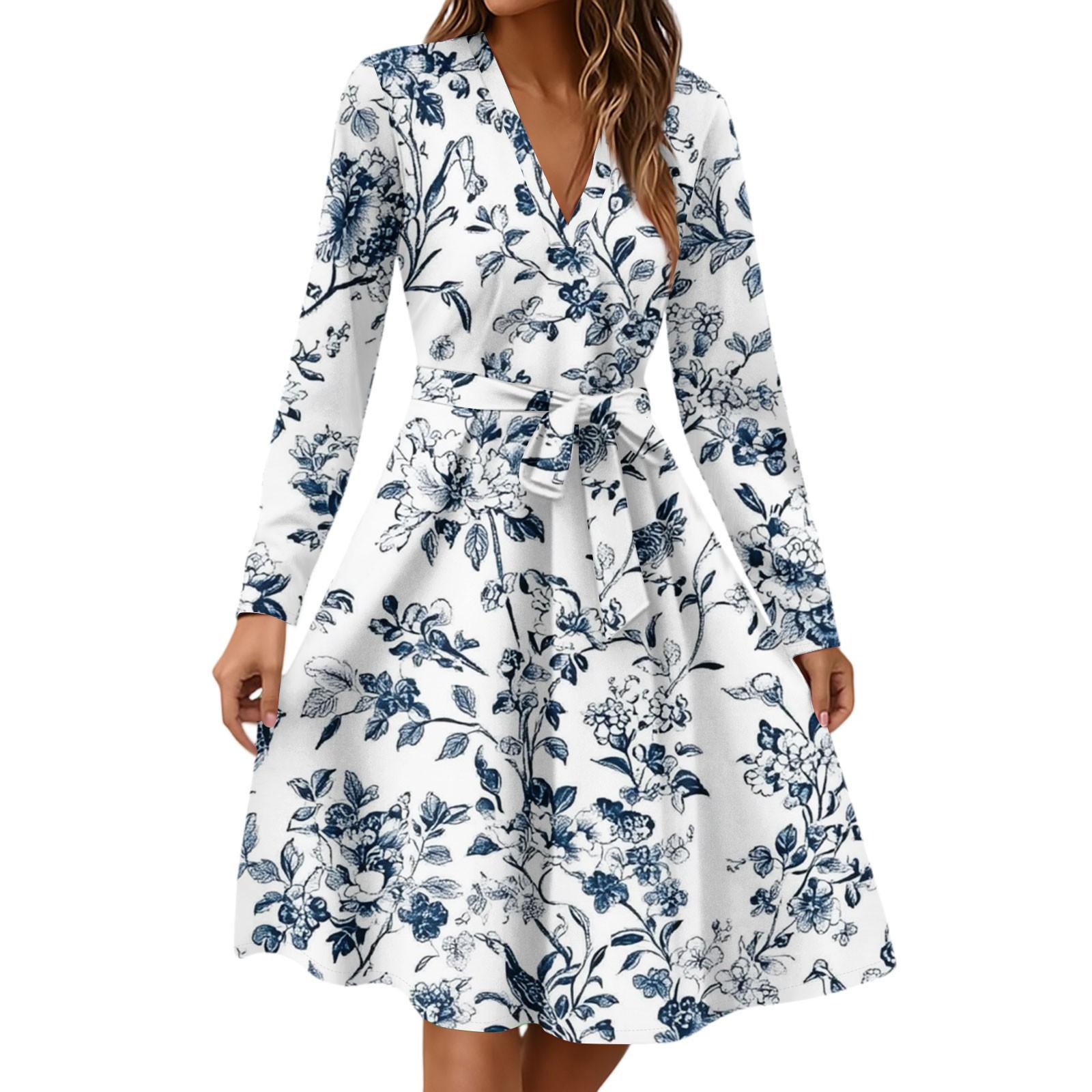 

Жіноча мода Повсякденна сукня міді з V-подібним вирізом, довгим рукавом, талією та квітковим принтом L