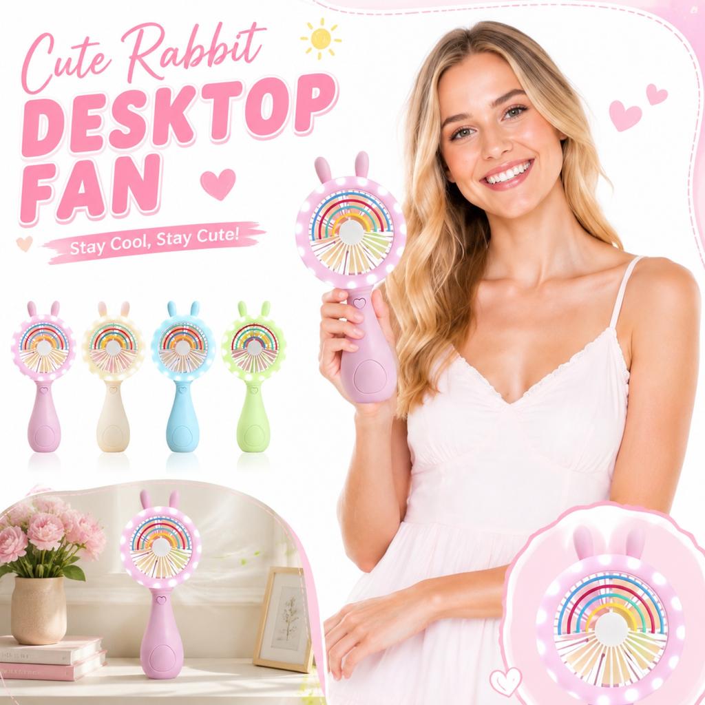 Portable Rechargeable Desktop Fan with Bunny Ear Design USB Powered Small Personal Fan with LED Light Ring Suitable for Office Home Travel Use