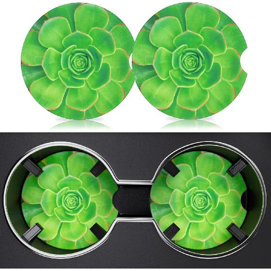 2 Pack Car Cup Holder Coasters, 2.63 Inch Anti Slip Ceramic Absorbent Coaster with Cork Base and Finger Notch, Cute Car Accessories Interior for