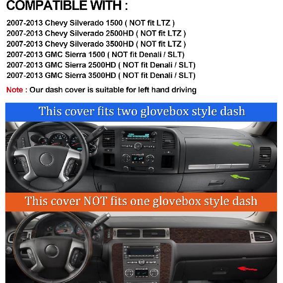 Dashboard Cover For GMC Sierra And Chevrolet Silverado- Fits 2007-2013 Models With Two Glove Boxes.  Fit Dash Mat, Won'T Break Dash Sensors(Premium