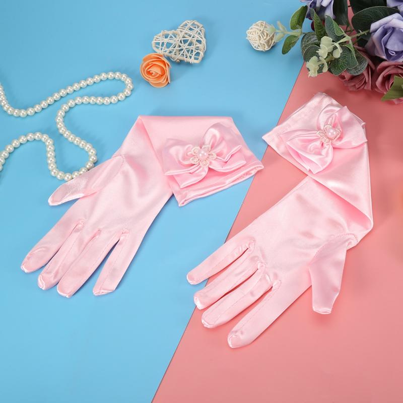 1 Pair Girls Satin Bow Pearl Gloves Princess Wedding Party Dress Dance Gloves