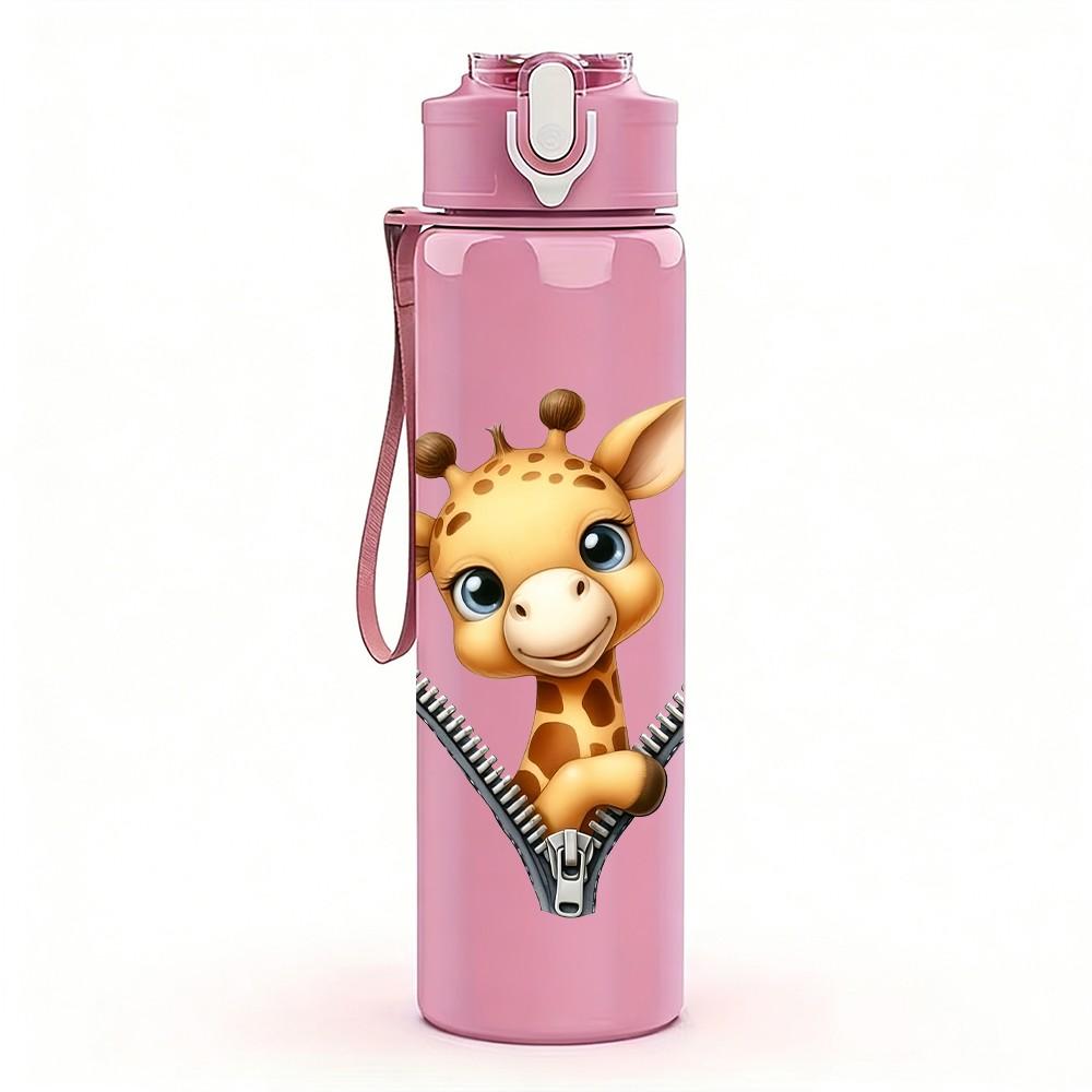 1PC Cute Deer Zipper Surprise Cartoon Portrait 750ml Color Plastic Sports Water Bottle Leakproof Flip Straw Lid Suitable for Sports Office Home Use