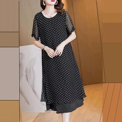 Summer Women's Short Sleeves Covering Belly Chiffon Dress Loose Dot French Style Long Dress Women Vestidosprinted