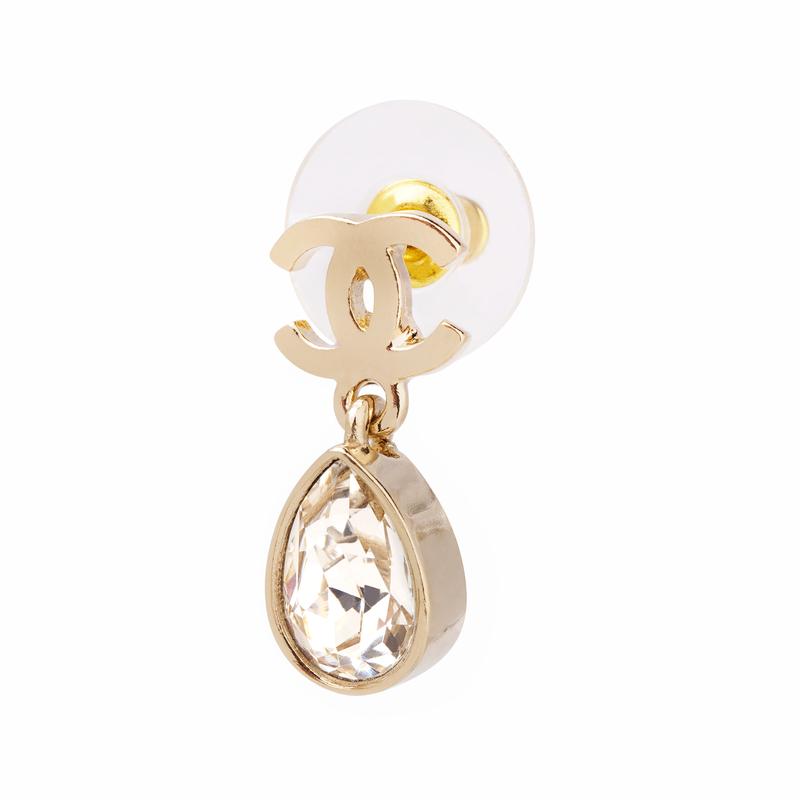 CHANEL classic double C rhinestone earrings gold