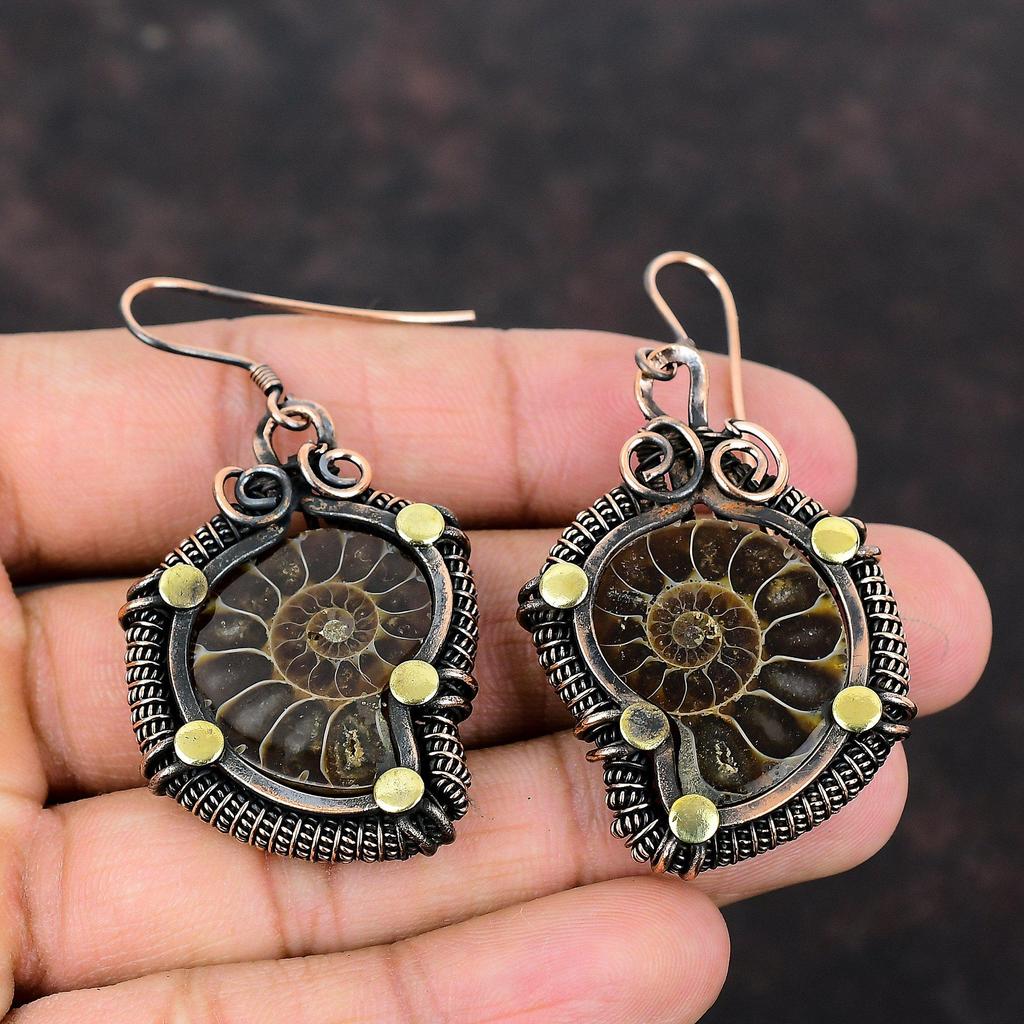 Ammonite Fossil Earring Copper Wire Wrapped Jewelry Handmade Natural Gemstone Earring Copper Wire Wrap Earrings Dangle Earrings Wedding Gift
