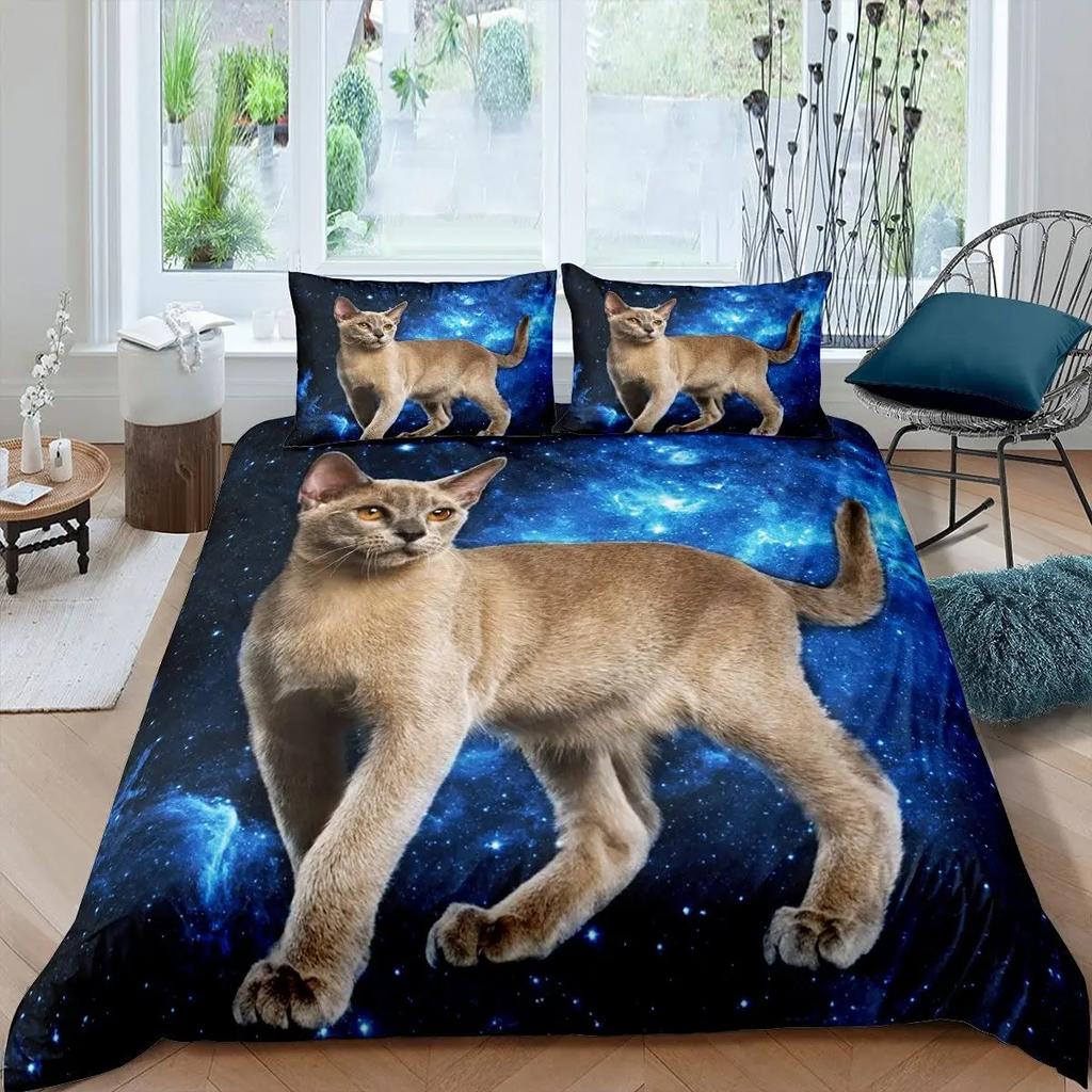 Galaxy Cat Duvet Cover Set Microfiber Universe Galaxy Bedding Set Cute Kitten Comforter Cover Outer Space Planets Quilt Cover