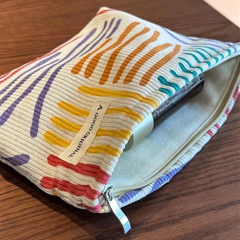 Corduroy Colourful Striped Women Cosmetic Bag Large Small Makeup Storage Bag Travel Organizer Zipper Drawstring Wash Bag Pouch