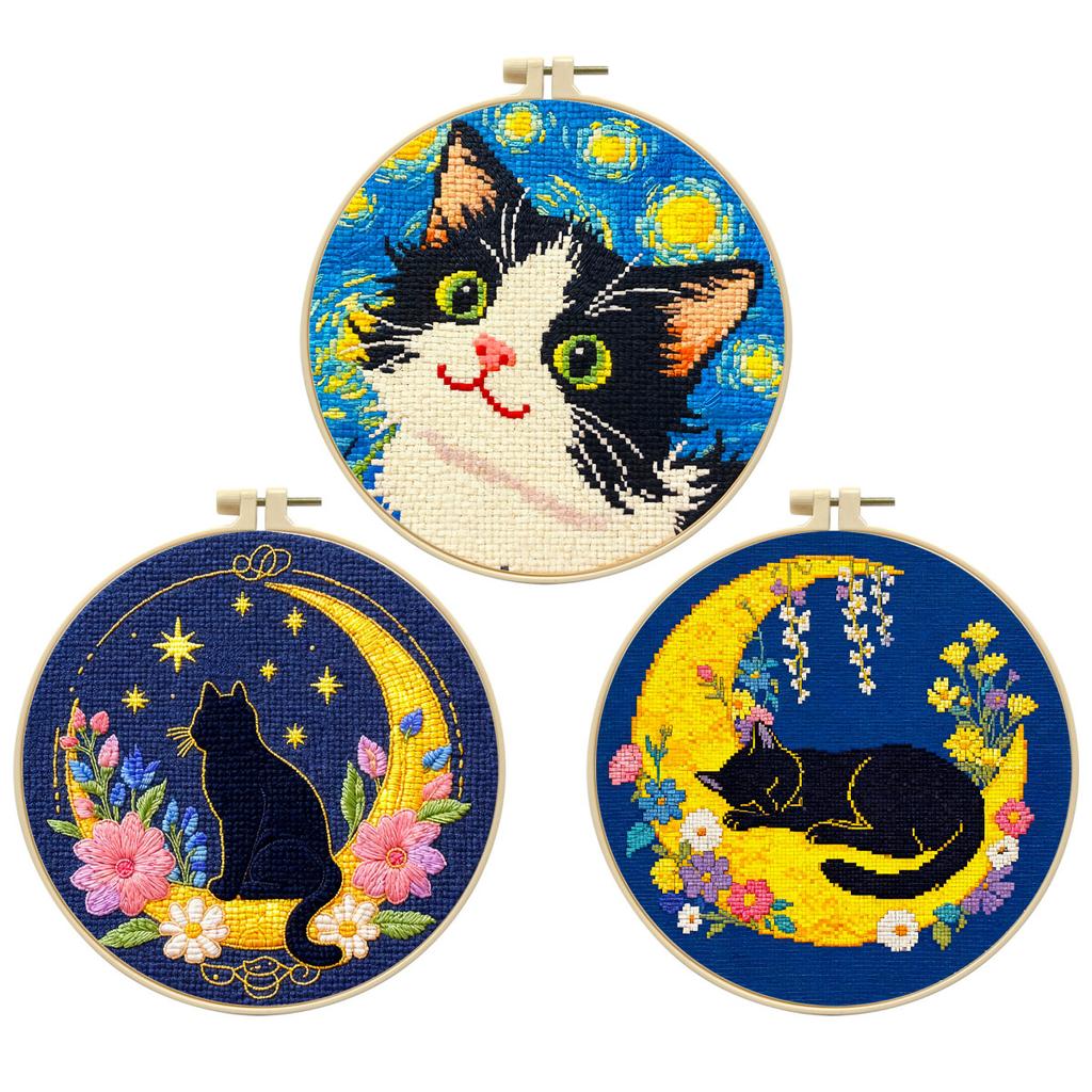 Kleines Nachtkatzen Kreuzstich-Set für Anfänger, Einfaches DIY Stickset mit Mustern