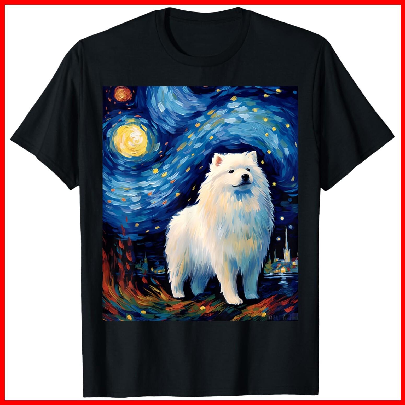 Surreal Starry Night Samoyed Dog Black Cotton T-Shirt S-5XL M
