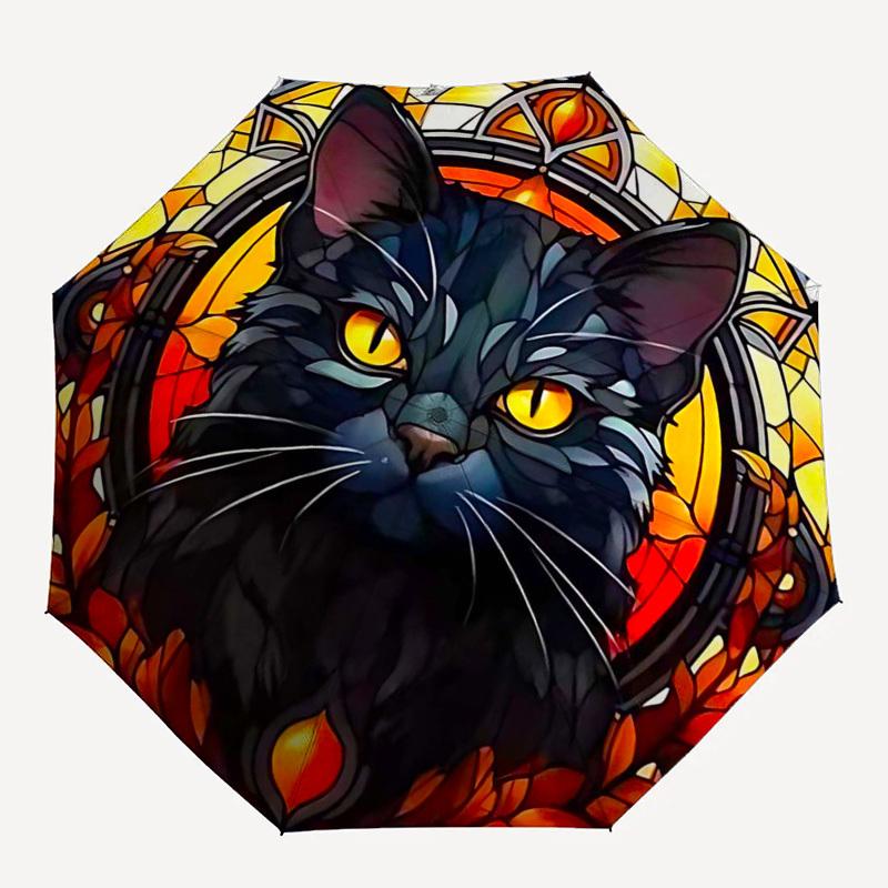 1pc Stained Glass Cat Design Automatic Folding Umbrella - Portable 3-Fold Design with 8-Bone Iron Frame, Outdoor for Fans, Travelers, Daily Use, Festi