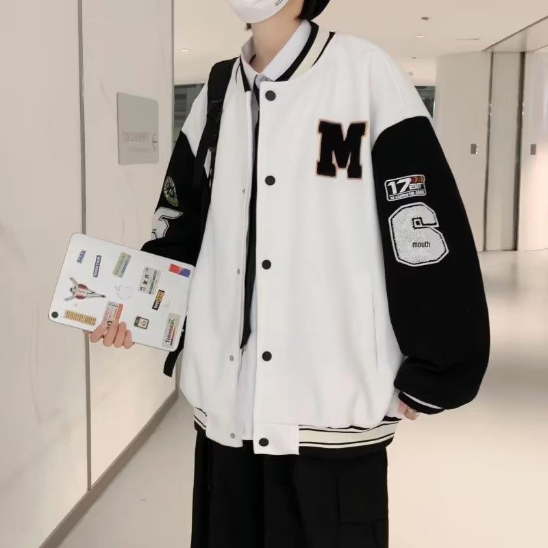 

Модная бейсбольная куртка в студенческом стиле: Весна/Осень, Хип-хоп Гонконгский стиль, Контрастные цвета, Универсальная парная мода Large белый