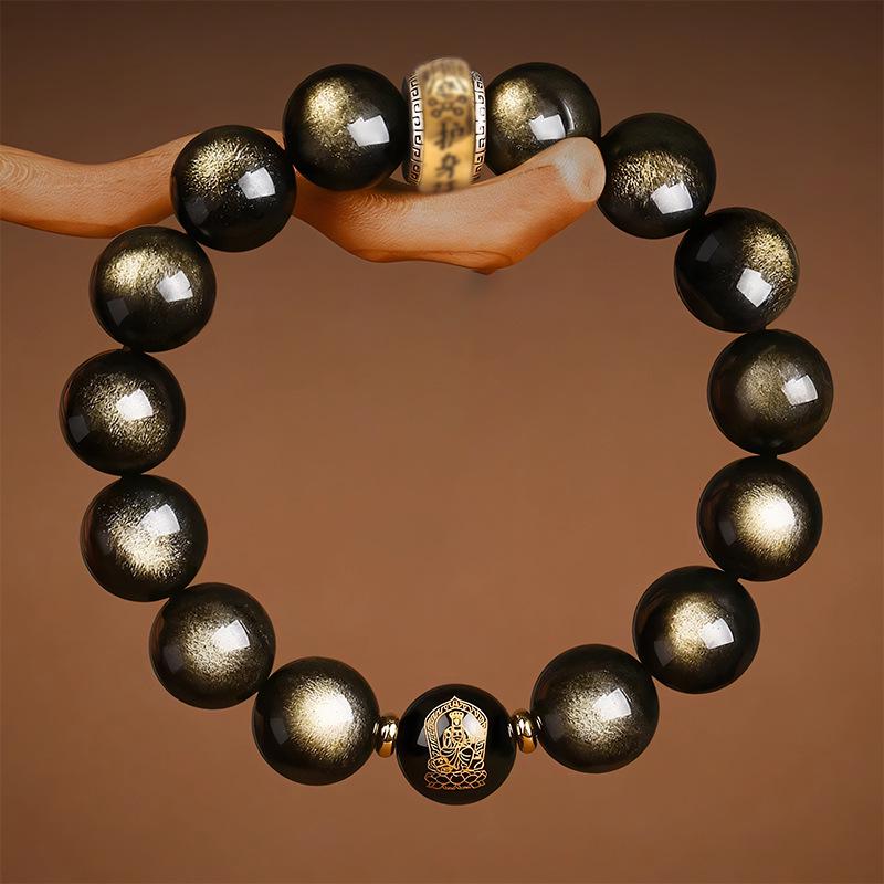 7A Grade Natural Gold Obsidian Zodiac Guardian Buddha Bracelet for Men and Women - Benming Year Black Obsidian Jewelry