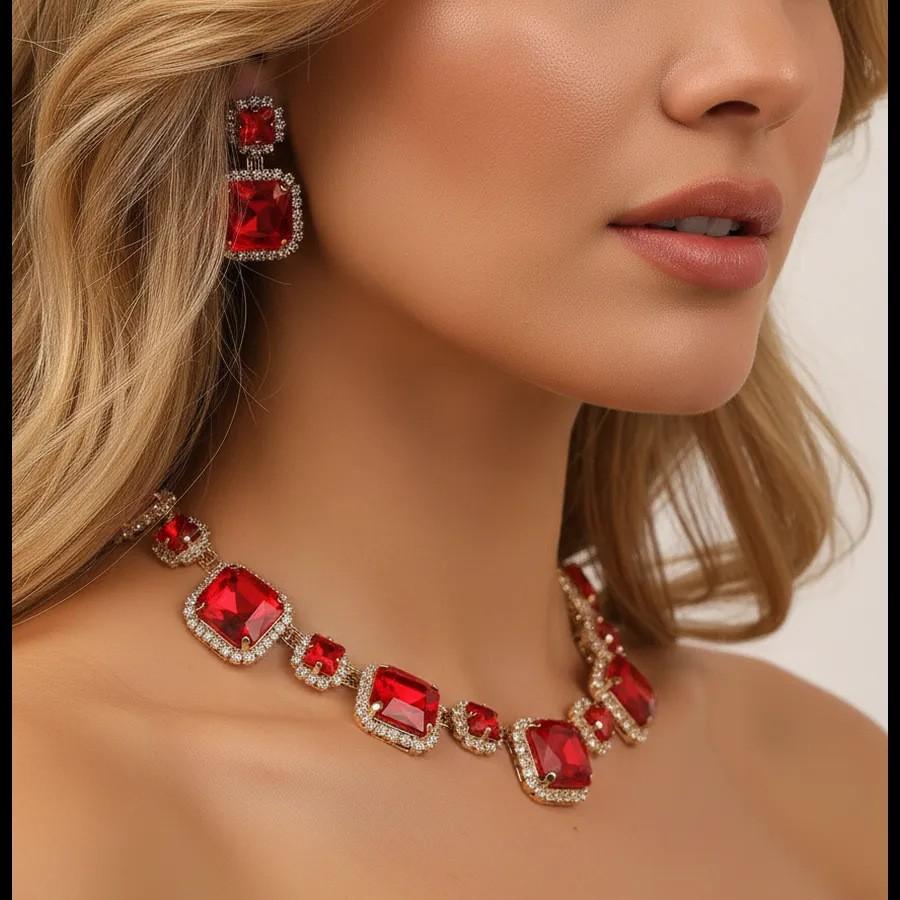 New Trend European And American Exaggerated Rectangular Geometric Multi-Layer Color Crystal Necklace Earrings Set Accessories