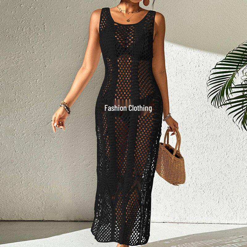 European & American Fashion Vacation Dress: Sexy U-neck, Solid Color, Spaghetti Strap, Cutout Long Beach Dress with Sun Protection