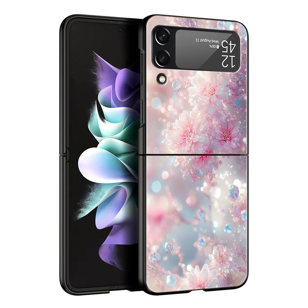 Korean Flower Hard PC Phone Case For Samsung Galaxy Z Flip 7 6 5 4 Black Cover For Galaxy Z Flip 3 Foldable Shell Fundas Capas