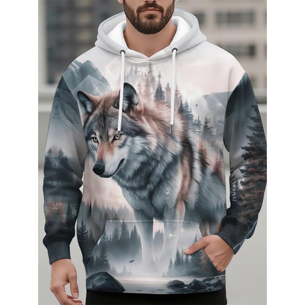 Men's Hooded Fashion Animal Wolf 3D Print Hoodies Top Spring Autumn Fashion Casual Long Sleeved Pullover Oversized Sweatshirts