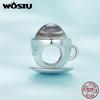 WOSTU 925 Sterling Silver Glittering Glass Coffee Cup Bead Charms for Women Original Necklace Bracelet