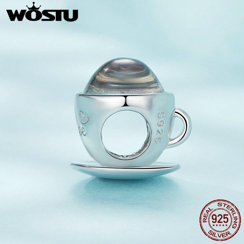 WOSTU 925 Sterling Silver Glittering Glass Coffee Cup Bead Charms for Women Original Necklace Bracelet