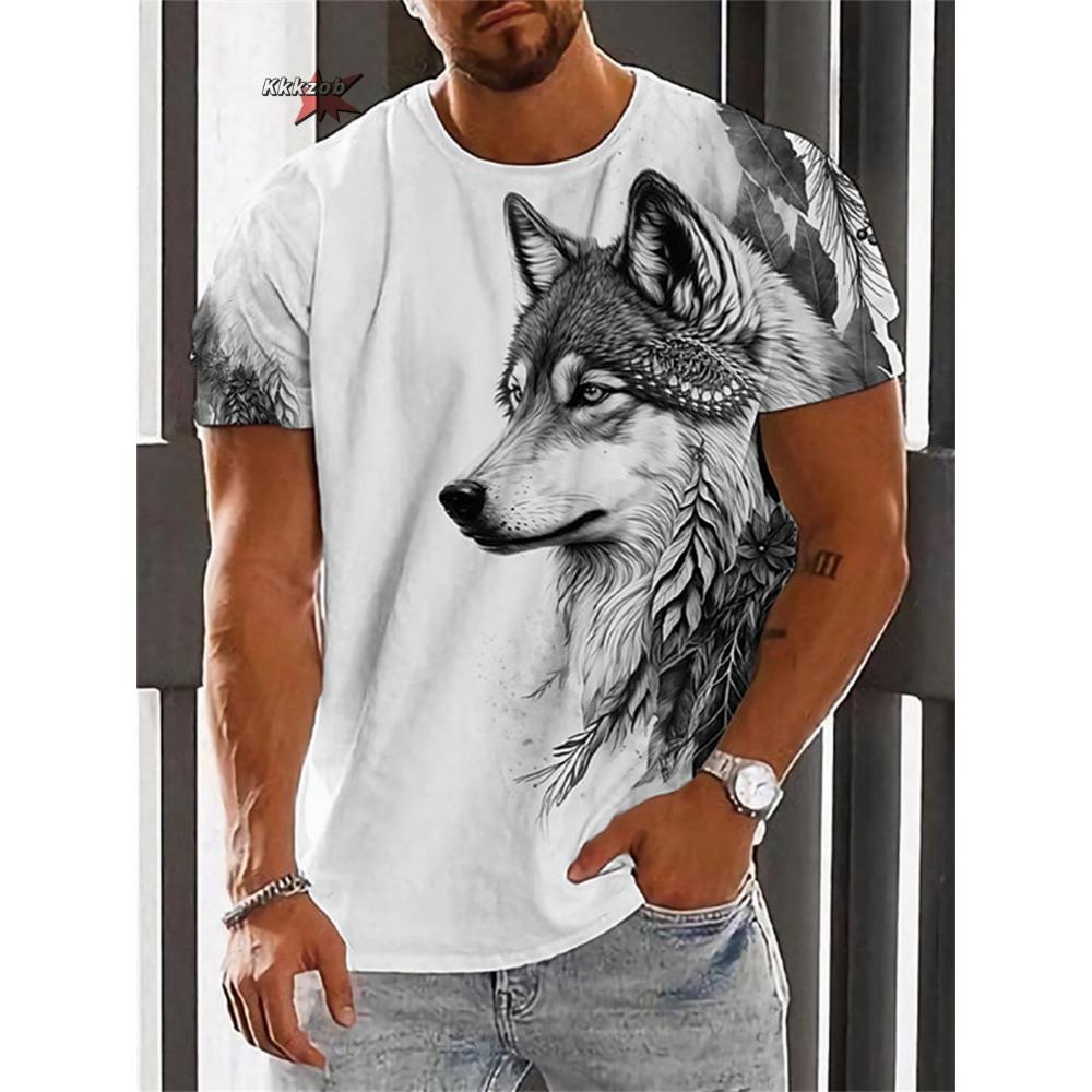 Summer Wolf Fire Dragon Printed Men's T-shirt Men's Printed Fashion Festival Round Neck Men's Short Sleeve Outdoor Street Casual T-shirt