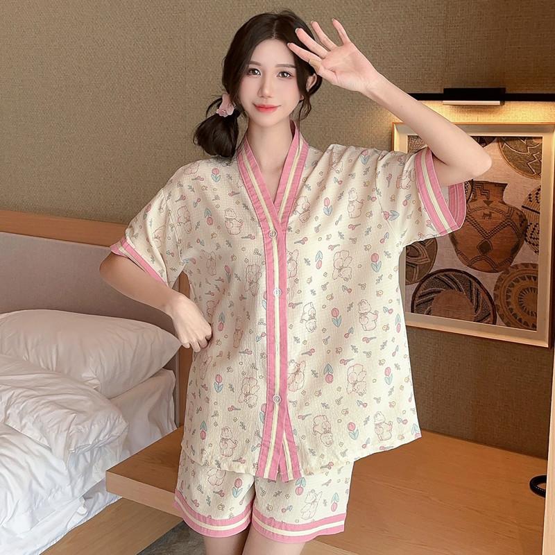 Summer Pajamas Women's Bubble Cotton Korean Version Cute Texture Comfortable Loungewear Short Sleeves Shorts Fat Mm Loose Suit