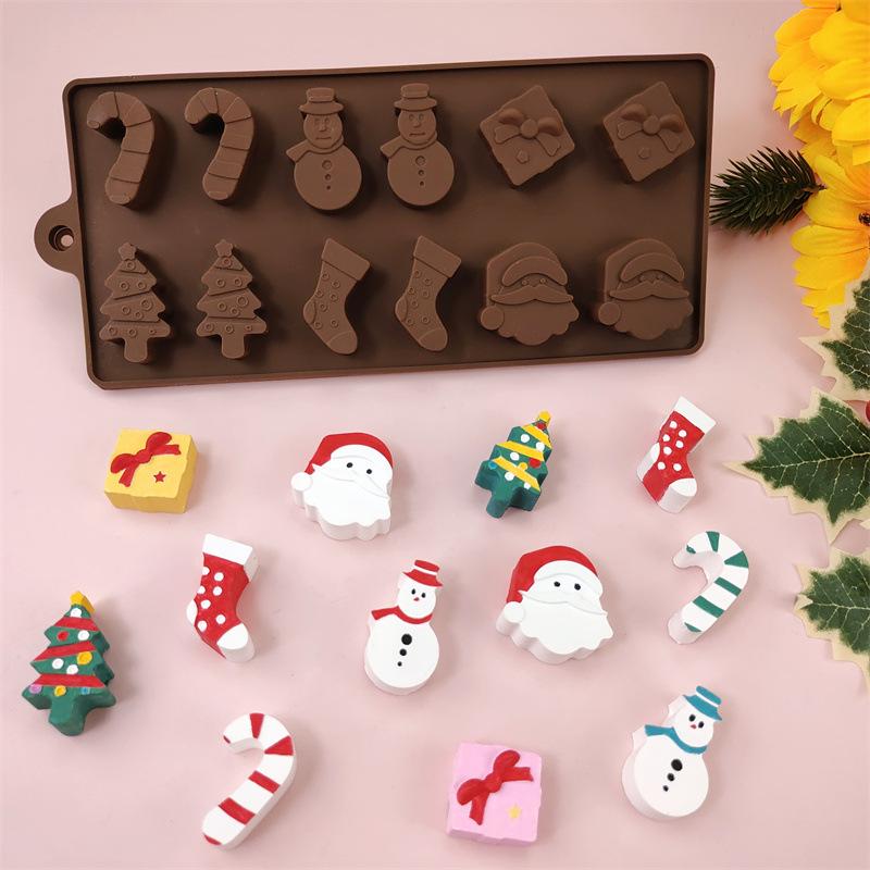 12 Löcher Weihnachtsserie Schokoladenform Weihnachtsmann Zuckerkuchen Dekoration Silikonform DIY Dekorative Gips Ornamentform
