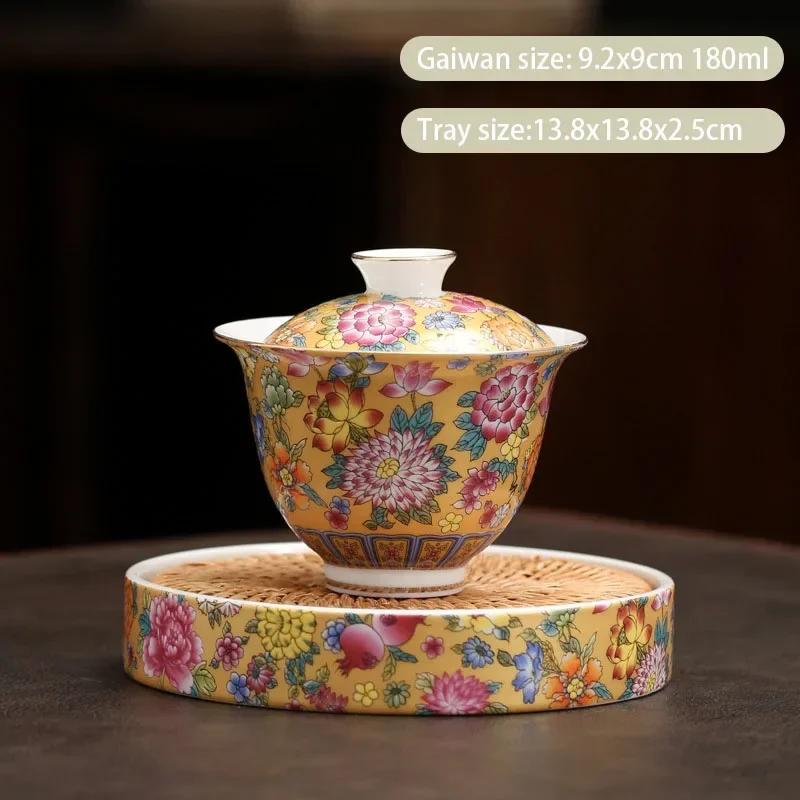 Chinese Enamel Color Ceramic Gaiwan Pot Bearing Handmade Flowers Porcelain Tea Bowl Teacup Household Tea Infuser Travel Teaware