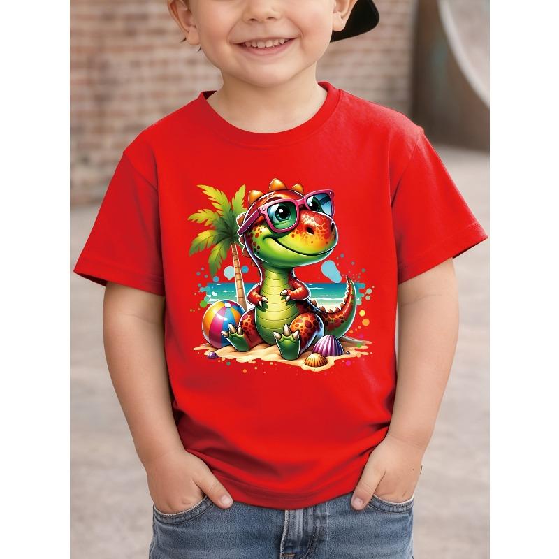 Boys' Dinosaur And Coconut Tree Pattern Print Handsome All-Match Casual T-Shirt