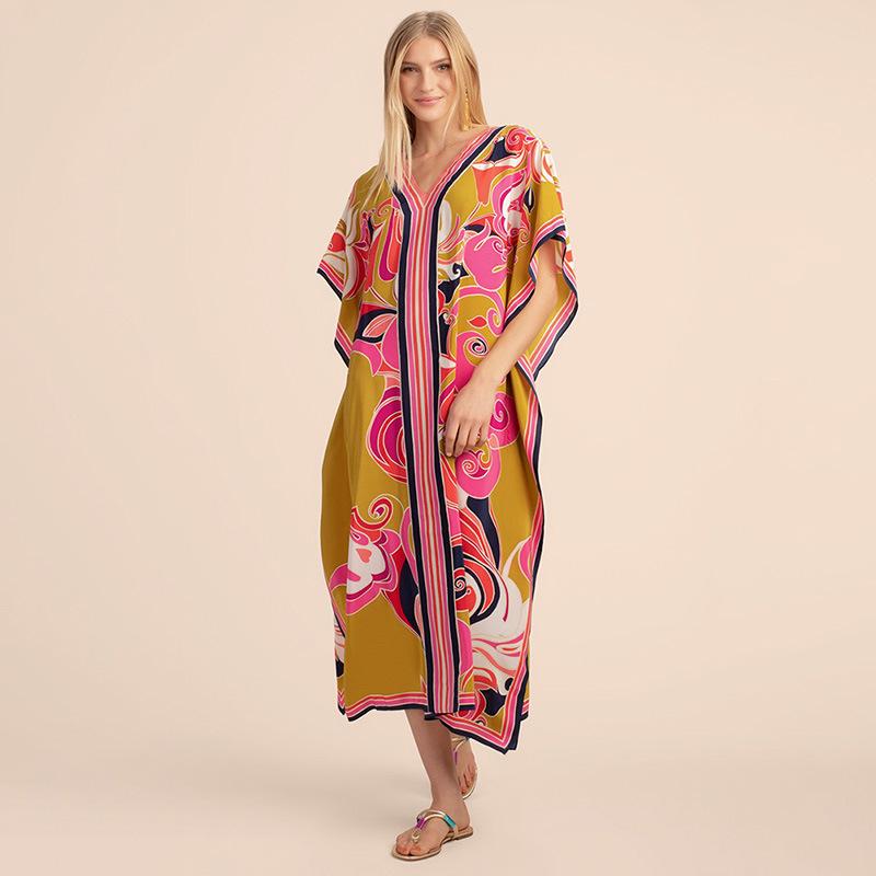 Europäischer & Amerikanischer Urlaubs-Strandüberwurf: Langer Morgenmantel mit Positionierungsdruck Badeanzug Damenkleid.