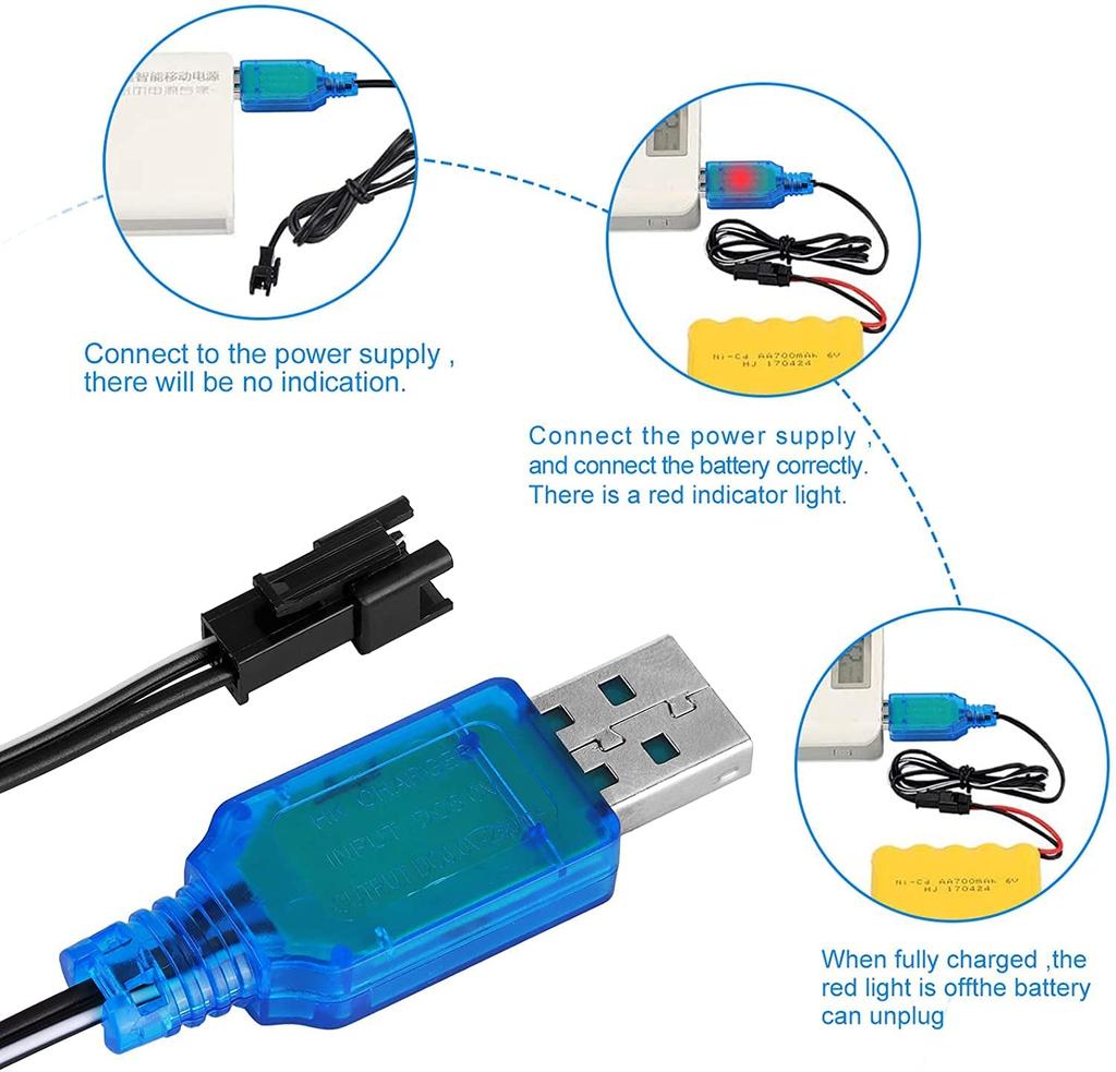 2-Pack USB Charging Cables with SM-2P Connector | 250mAh Output for 6V Ni-MH Batteries | Ideal for RC Cars, Model Toys, RC Helicopters – Blue