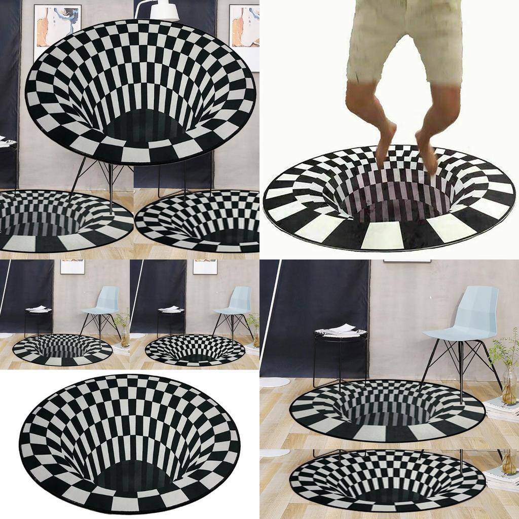 Luxurious Oval Black White Grid 3d Illusion Vortex Bottomless Hole Non-slip Carpet