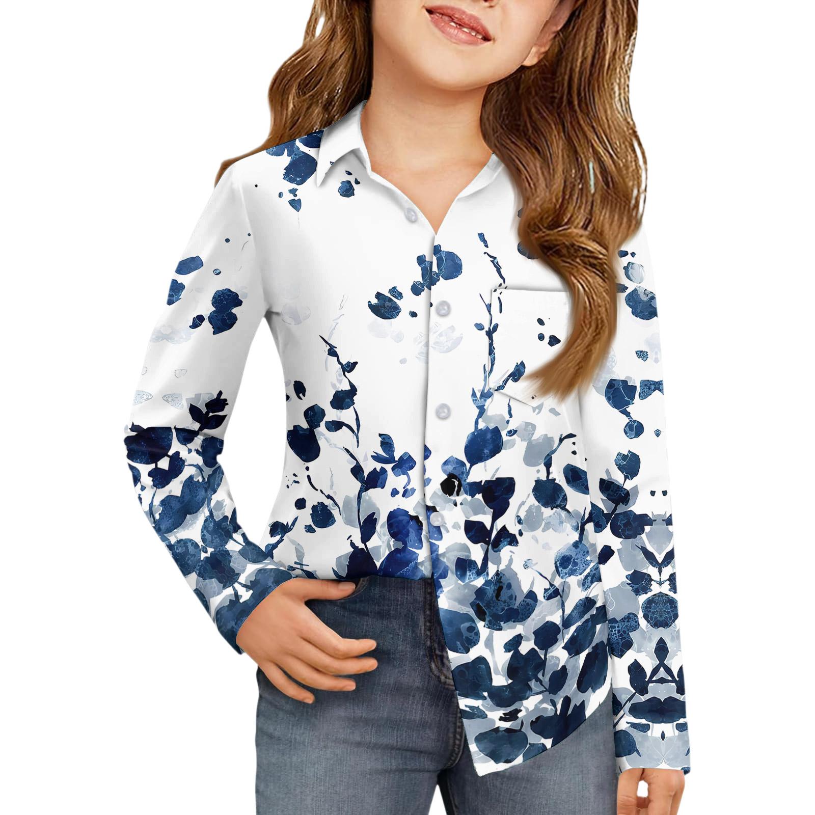 Fengfx Meisjes Overhemd met Knoopsluiting - Blouse met Lange Mouwen 140