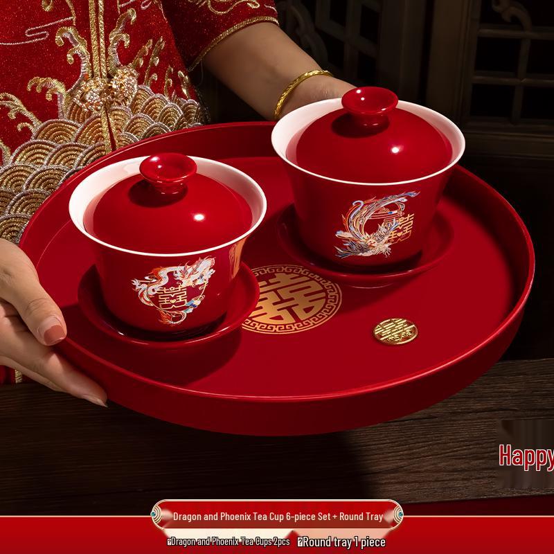 Festive Red Wedding Tea Set: Lidded Bowls, Tea Cups, and Chopsticks