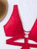 European and American Deep V Solid Color Hollow Out Sexy Women's Bikini Swimsuit