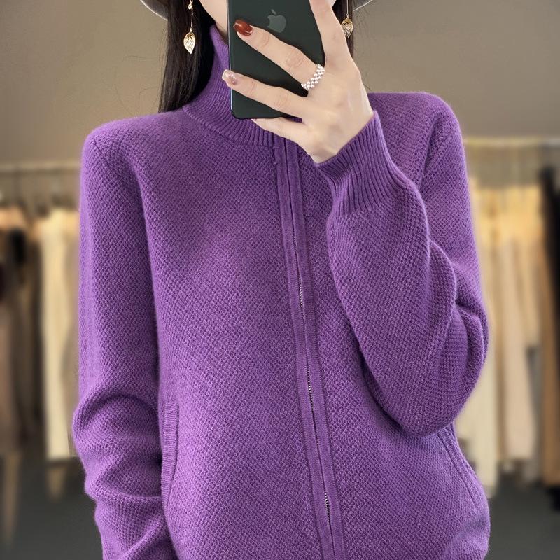 Women's 2025 Korean Style Knit Sweater - Autumn/Winter Half-High Collar Zipper Cardigan, Loose and Cozy