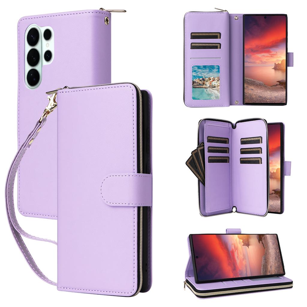 For Samsung Galaxy S26 Ultra Case 9 Card Slots Zipper Pocket PU Leather Phone Cover with Wrist Strap