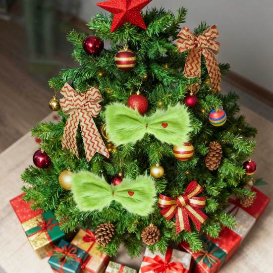 Christmas Green Furry Bow for Tree Large Green Furry Hair Bow with Red Heart Christmas Costume Accessories for Women Girls